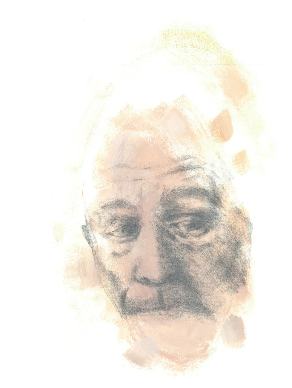 Aquarel: een oude man, half opgelost in zachte okervlekken
