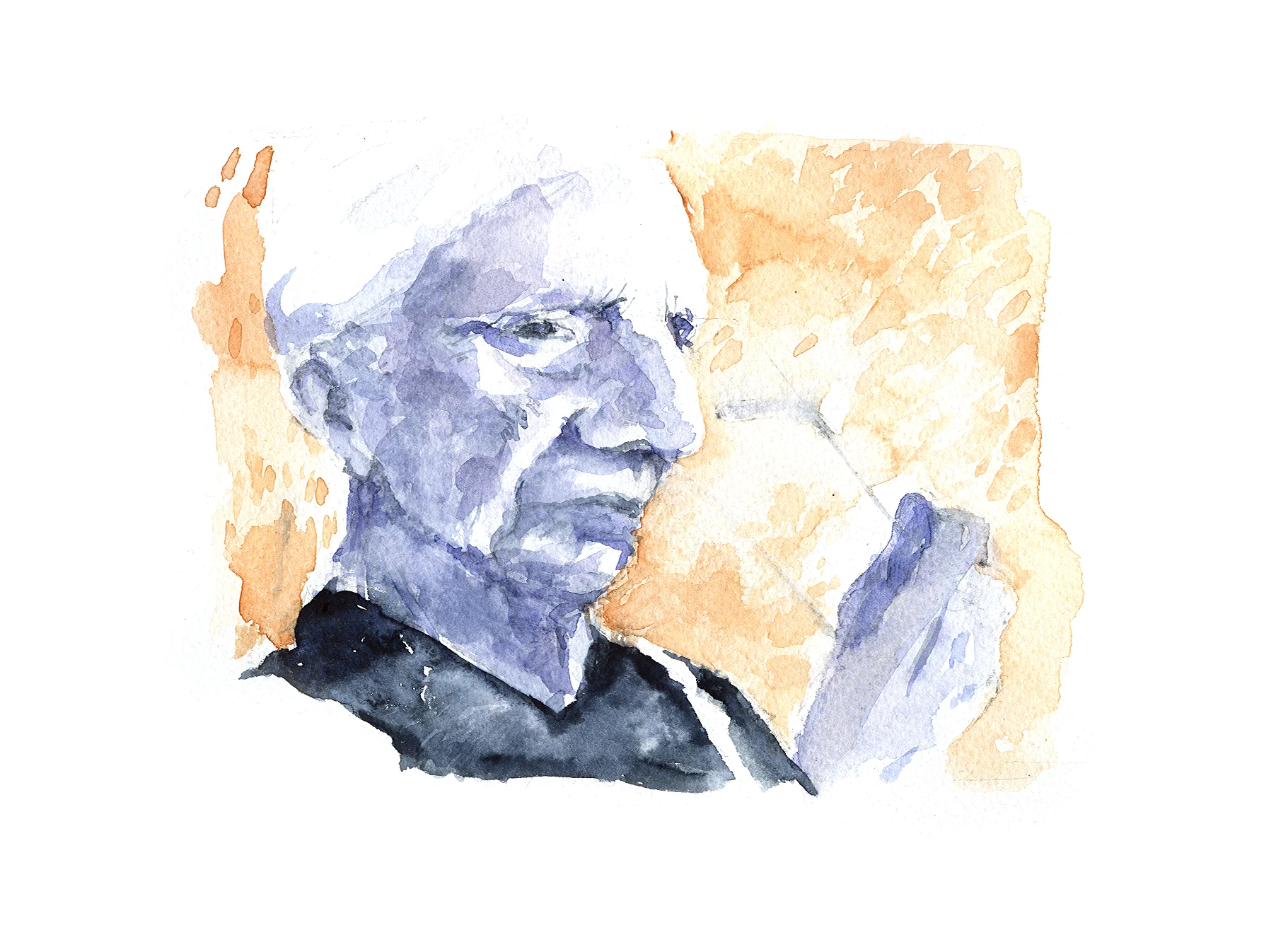 Aquarel: een oude vrouw met bril in blauwpaars, tegen oranje