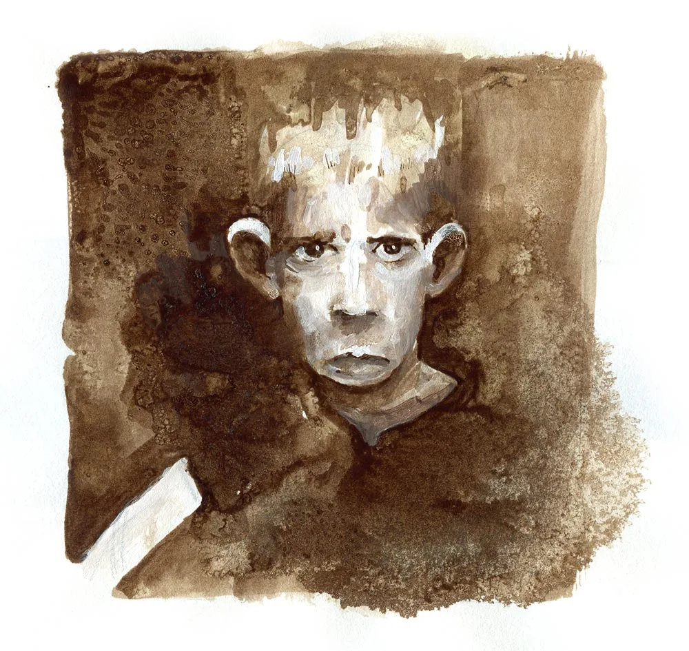 Een kind met wit haar, in donkerbruine sepia